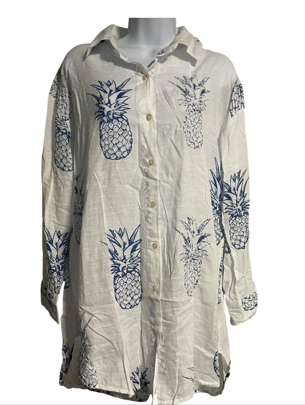Blue Island Cotton Pineapple Beach Coverup Tunic Womens M White Blue Coastal